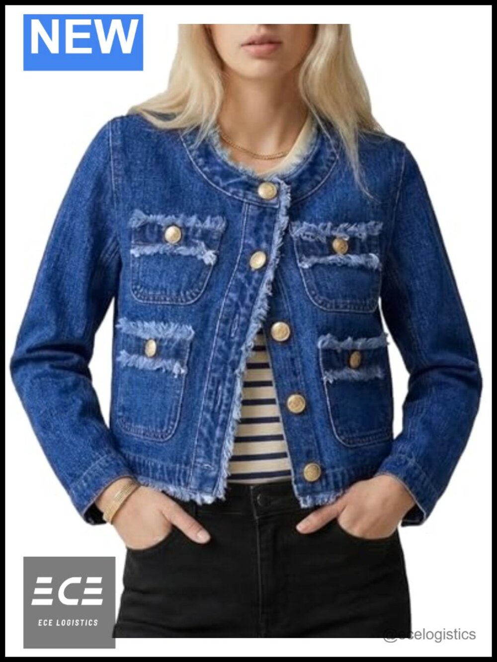 Cropped Frayed Denim Jacket Collarless Button Front Jean Jacket